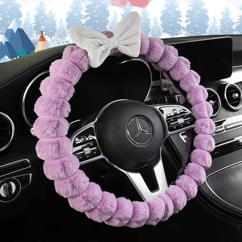 SoftBow plush steering wheel cover and shoulder protector set with bow design, soft warm non-slip winter car accessory