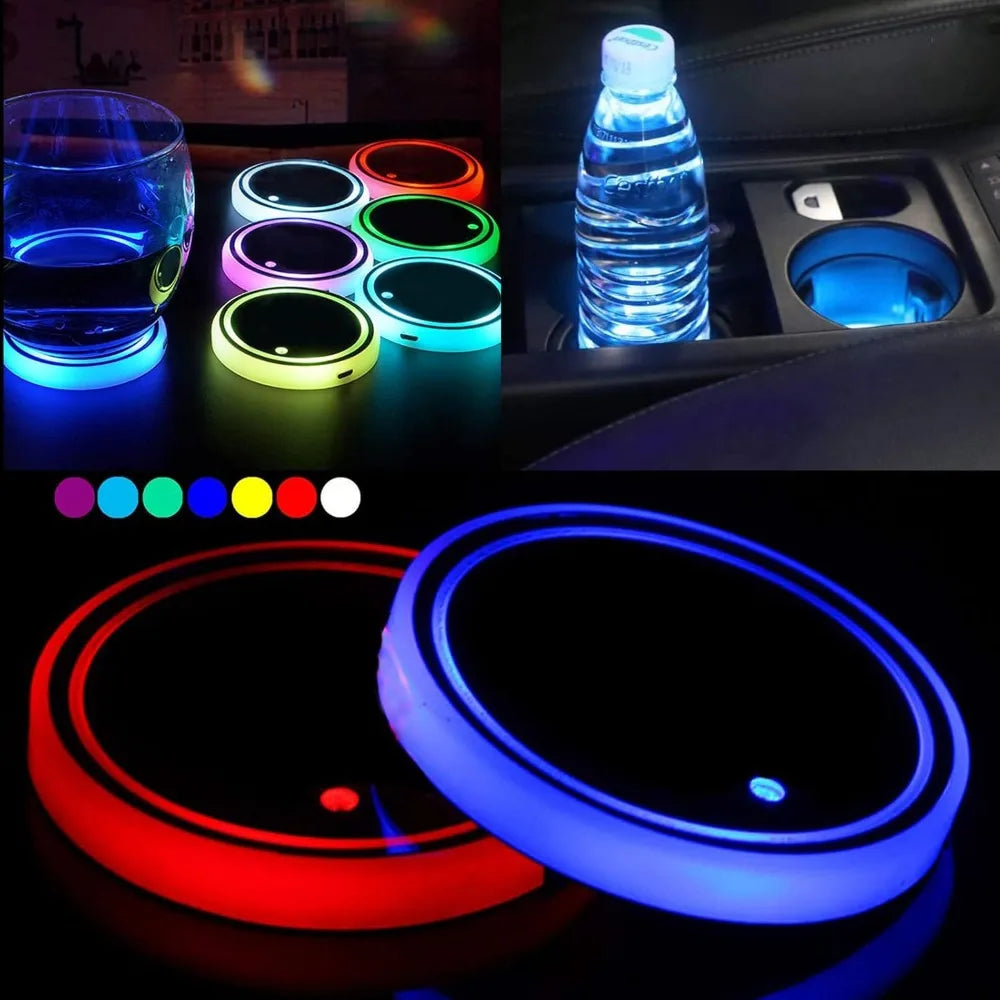 "LED CupGlow | 2PCS – תאורת כוסות LED לרכב, משתנה ב-7 צבעים, עם כפתור הפעלה, טעינה ב-USB, מוסיף אווירה מיוחדת לרכב."