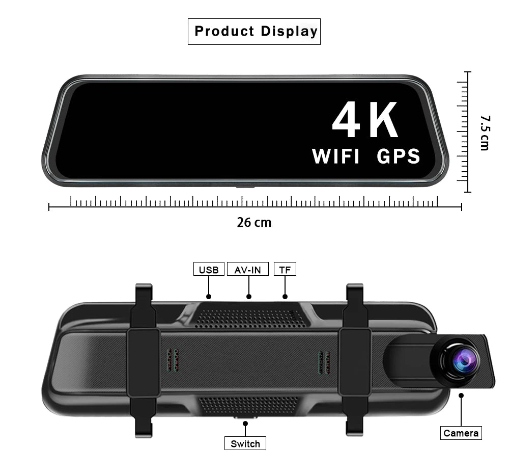 MirrorCam -מצלמת רכב מראה  4K עם GPS ותצוגת IPS