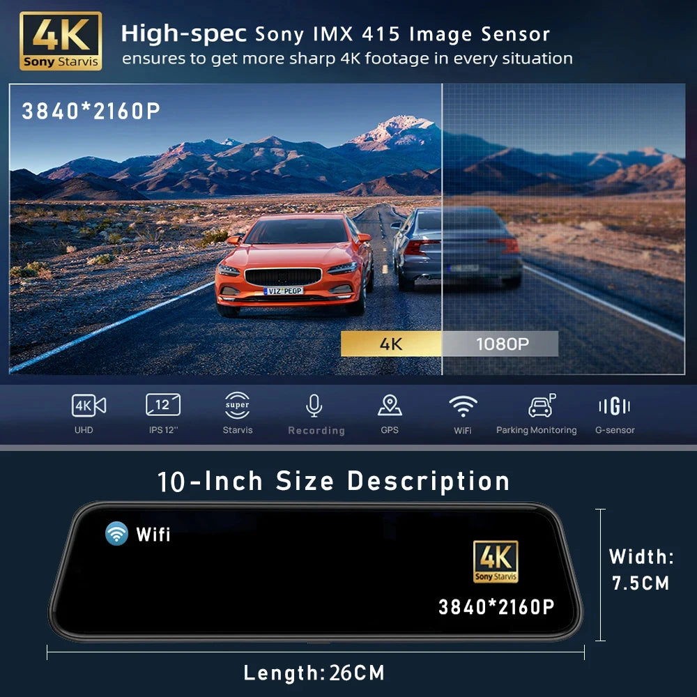 MirrorCam -מצלמת רכב מראה  4K עם GPS ותצוגת IPS