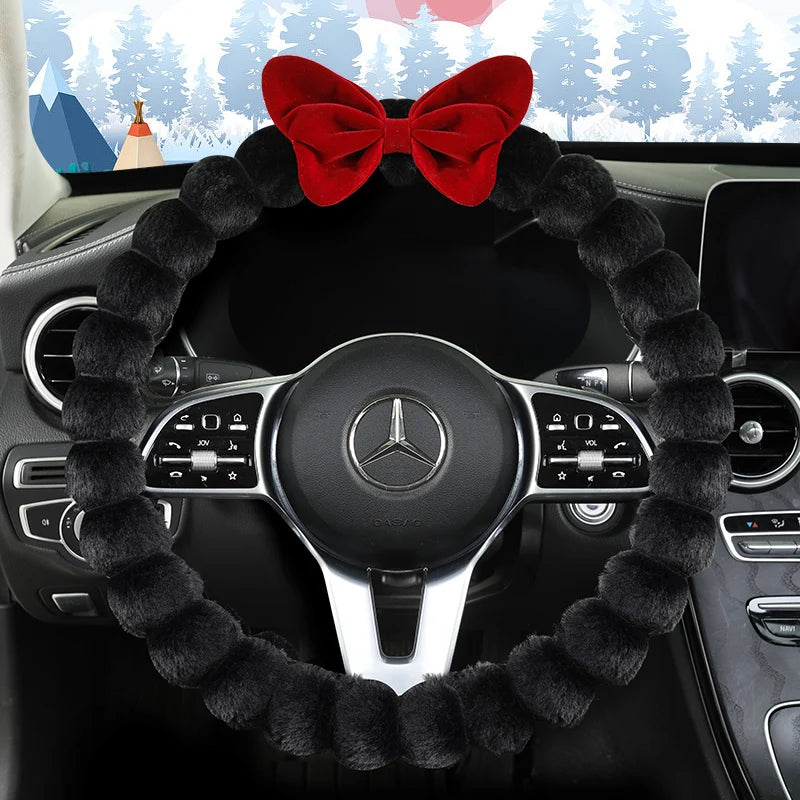 SoftBow plush steering wheel cover and shoulder protector set with bow design, soft warm non-slip winter car accessory