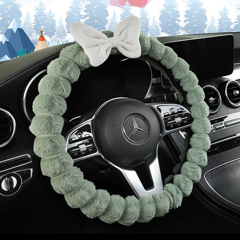 SoftBow plush steering wheel cover and shoulder protector set with bow design, soft warm non-slip winter car accessory