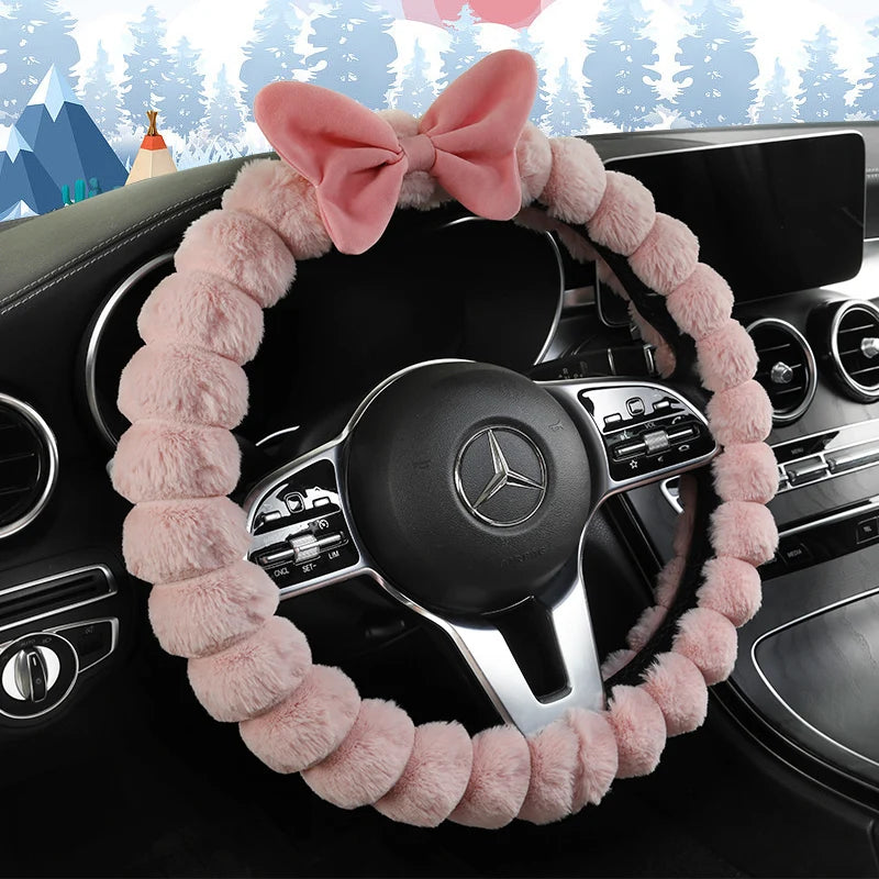 SoftBow plush steering wheel cover and shoulder protector set with bow design, soft warm non-slip winter car accessory