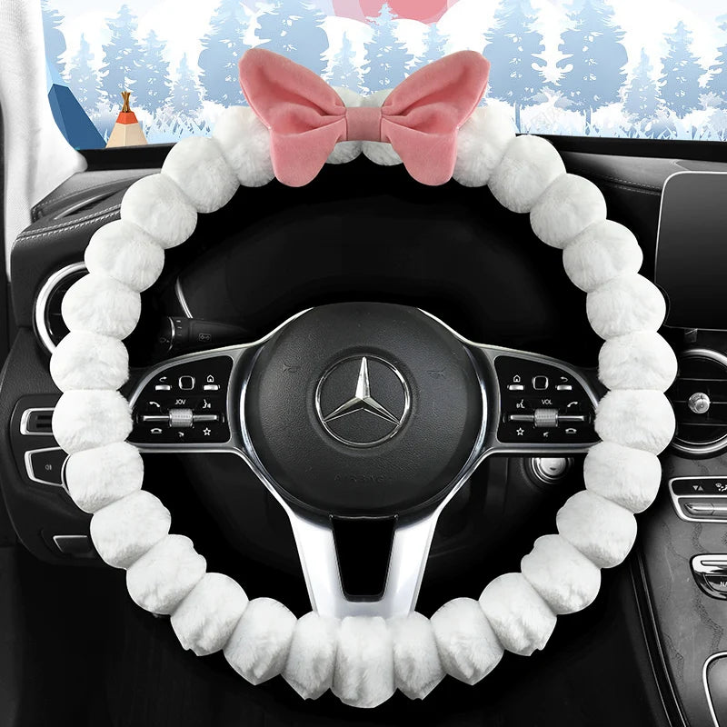 SoftBow plush steering wheel cover and shoulder protector set with bow design, soft warm non-slip winter car accessory